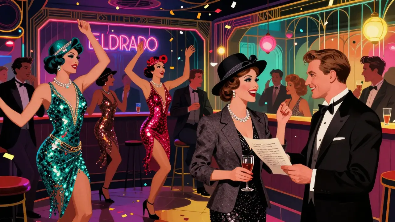 A 1920s Berlin nightclub scene with drag performers and patrons, radiating freedom and artistic decadence.