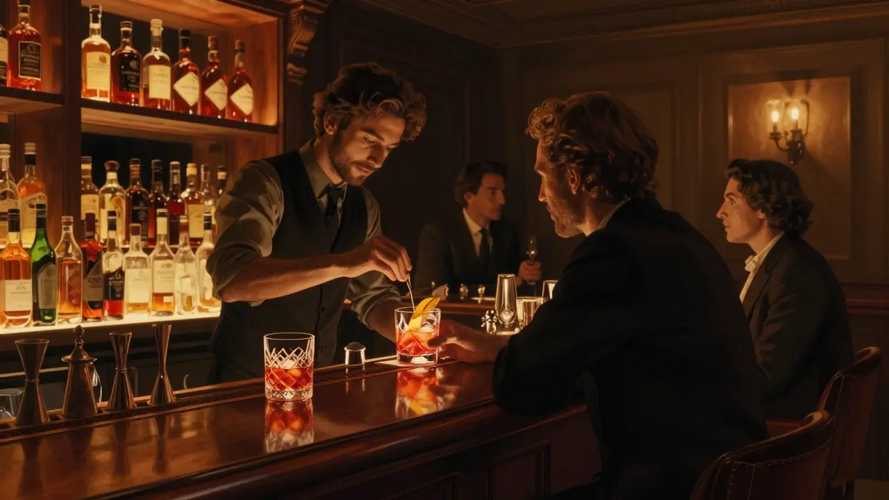 A bartender preparing a classic Negroni Sbagliato in the intimate, dimly lit Bar Basso in Brera.