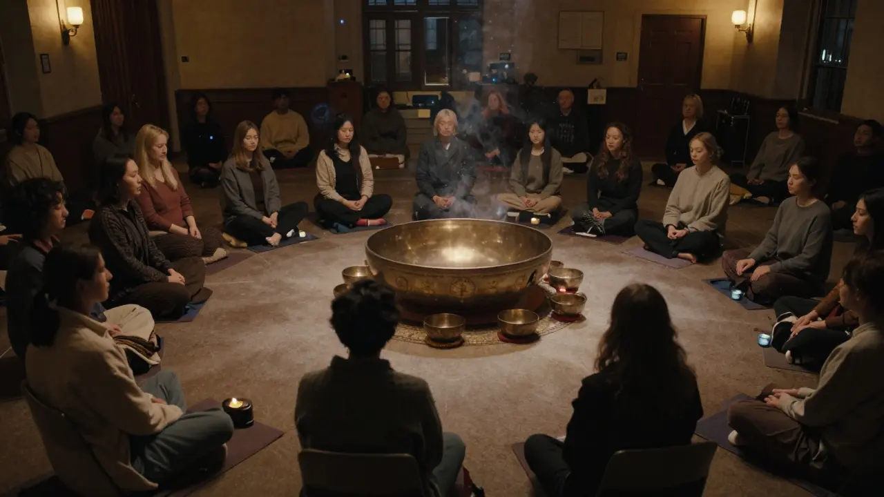 A circle of people in silent stillness beneath a giant singing bowl, bathed in amber light and vibrating sound waves.