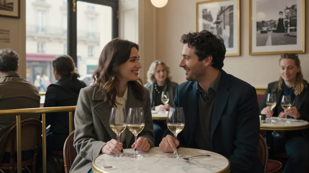 A couple shares a quiet laugh over wine in a classic Parisian bistro, bathed in natural daylight.