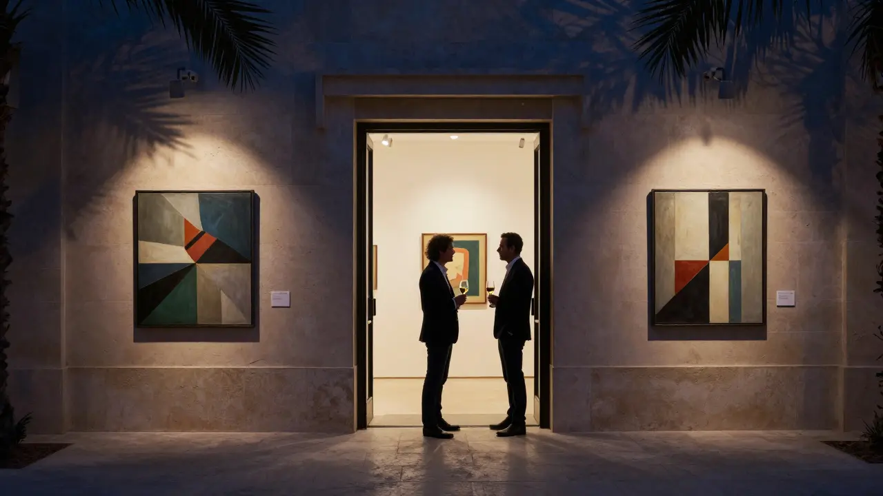 A couple viewing art in a private Alserkal Avenue gallery at night, soft lighting on paintings.