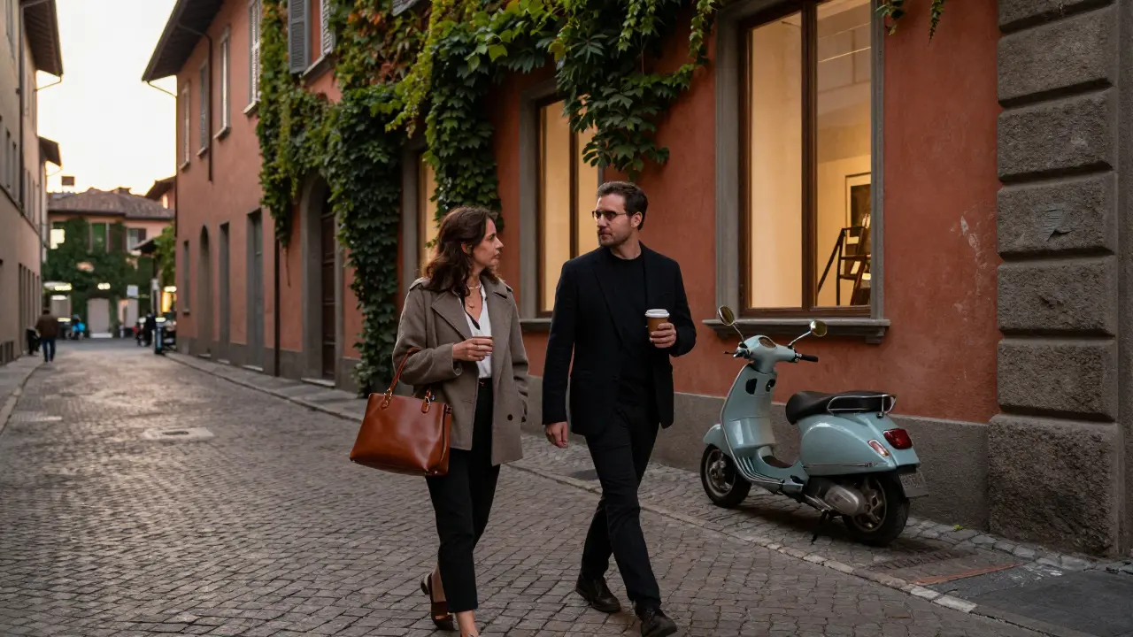 A couple walking through the historic Brera district of Milan at golden hour, passing art galleries and cobblestone streets.