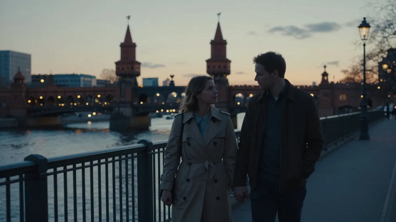 A couple walks hand-in-hand along the Spree River at sunset, lost in quiet conversation under the city lights of Berlin.