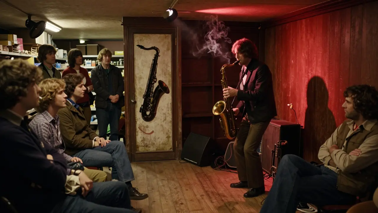 A dimly lit basement jazz club with a saxophonist performing, patrons listening quietly under soft red lighting.