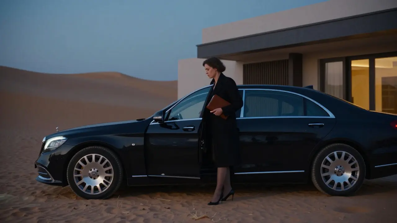 A discreet luxury car waits outside a private villa at dusk, a companion steps out with a notebook, no faces shown.