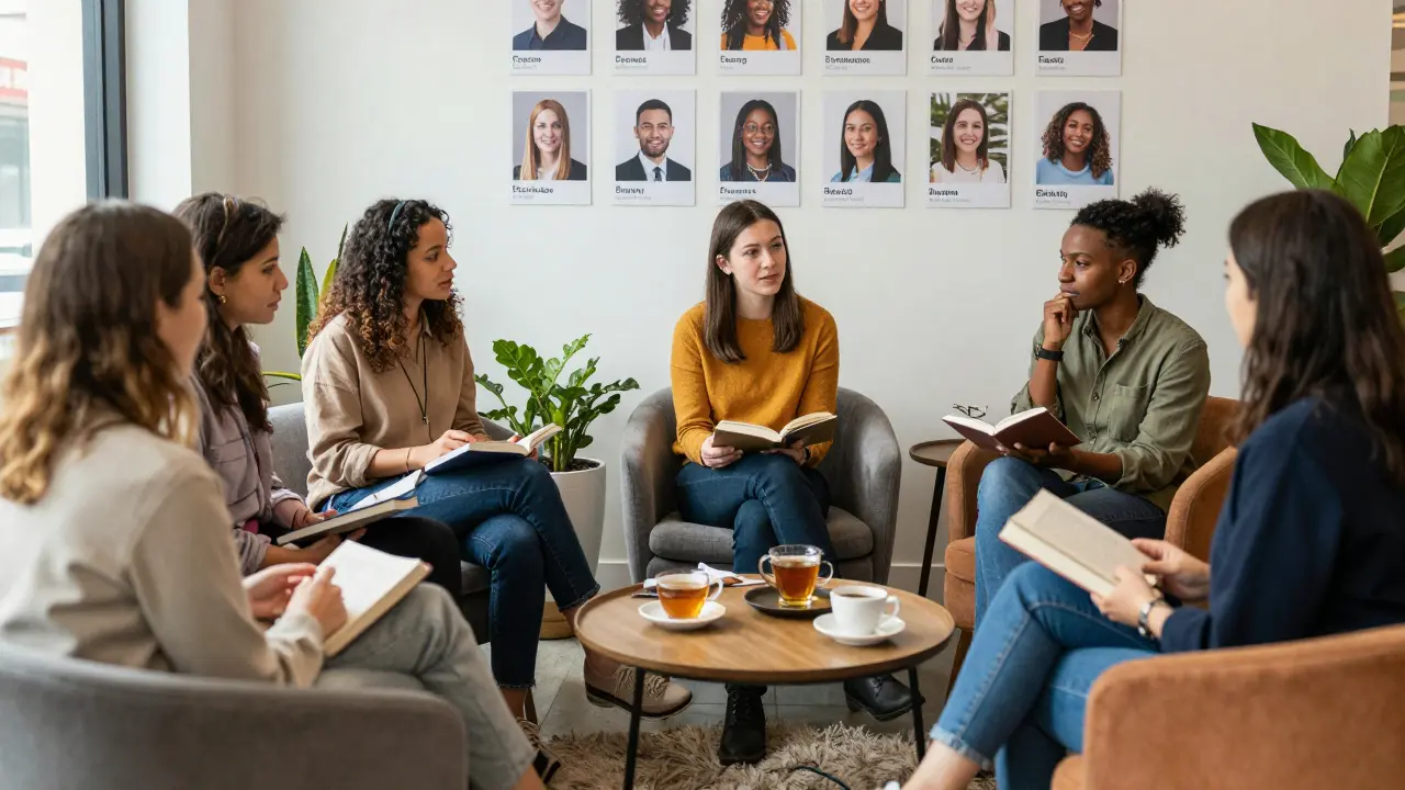 A diverse group engaging in thoughtful conversation in a warm, inviting lounge space with books and tea.