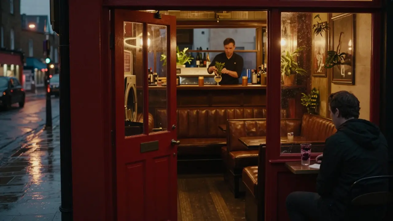 A hidden bar behind a laundromat with a bartender mixing a drink in soft, intimate lighting.