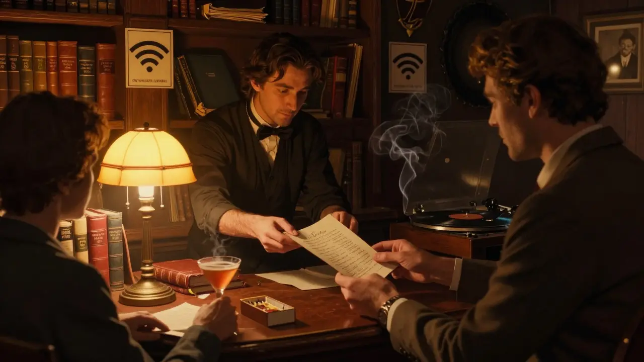 A hidden basement bar with vintage lamps, books, and a bartender handing a handwritten manuscript in a matchbox to a guest.