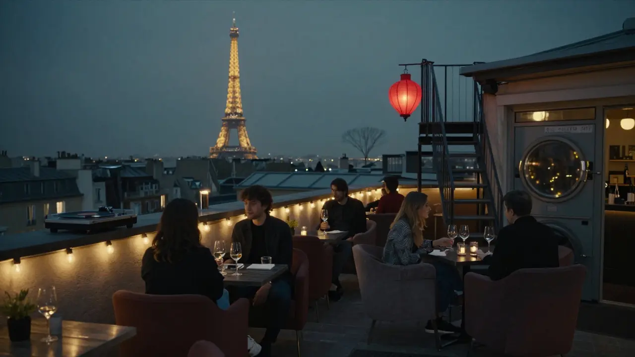 A hidden rooftop bar with mismatched chairs, a vinyl record spinning, and the Eiffel Tower visible in the distant night sky.