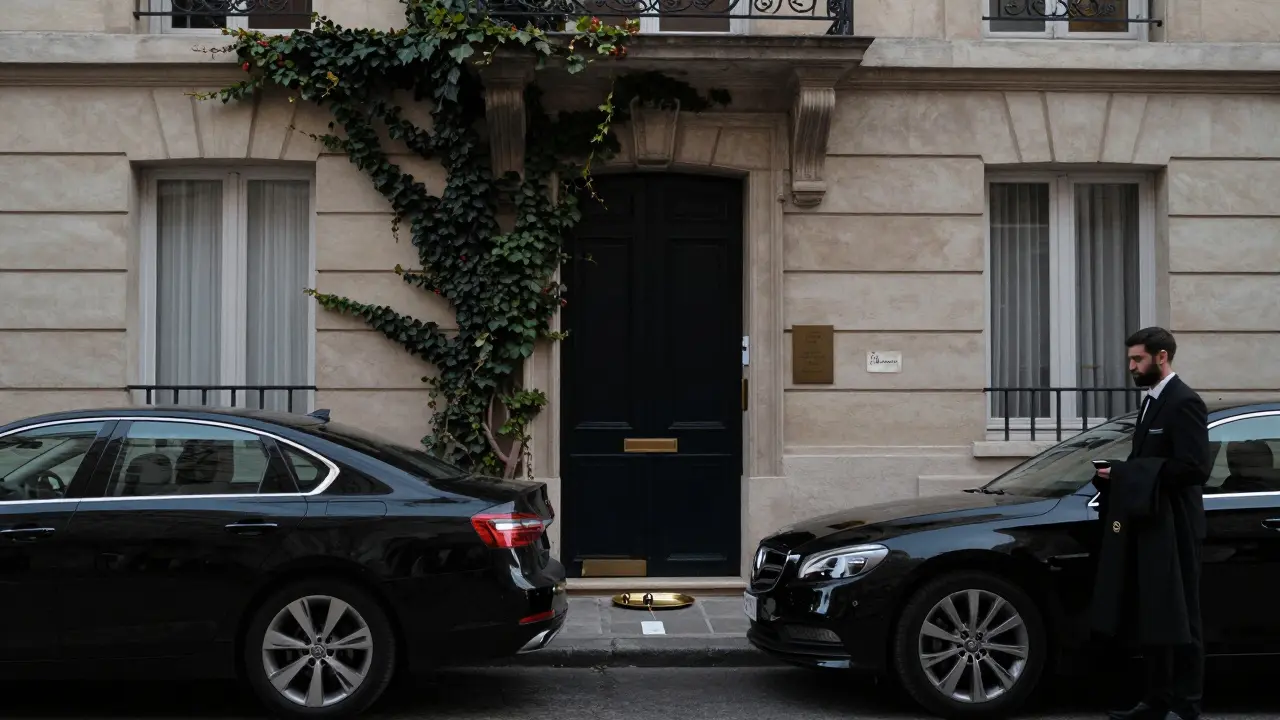 A hidden townhouse in Saint-Germain-des-Prés at dawn, with a waiting car and encrypted phone, symbolizing anonymity.