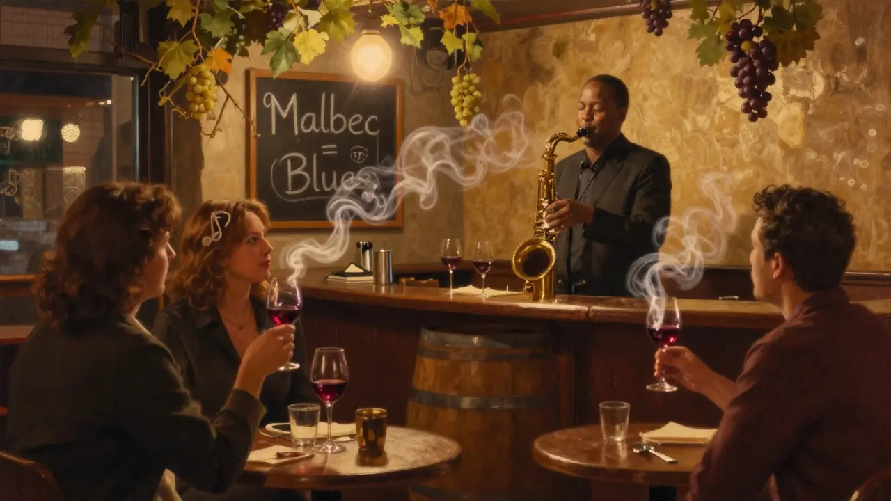 A jazz trio playing in a dimly lit bar as wine glasses and musical notes blend in the air.