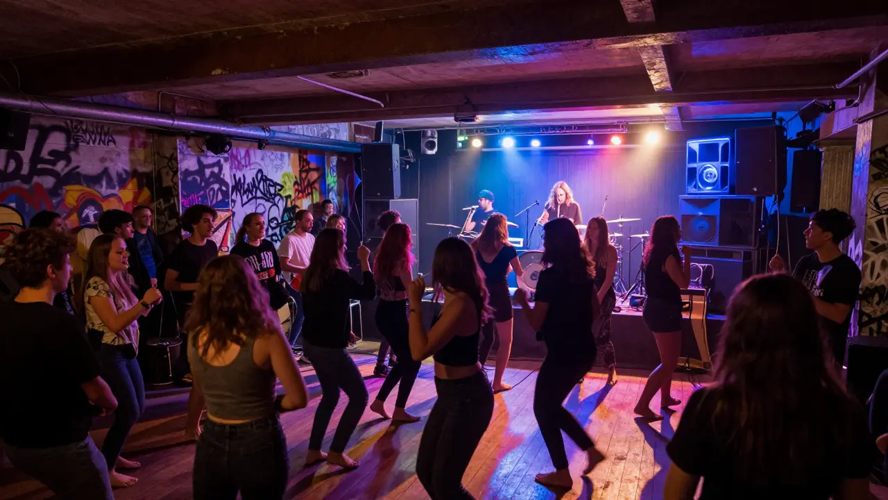 A lively crowd dancing at Camden Assembly with no phones, under vibrant stage lights.