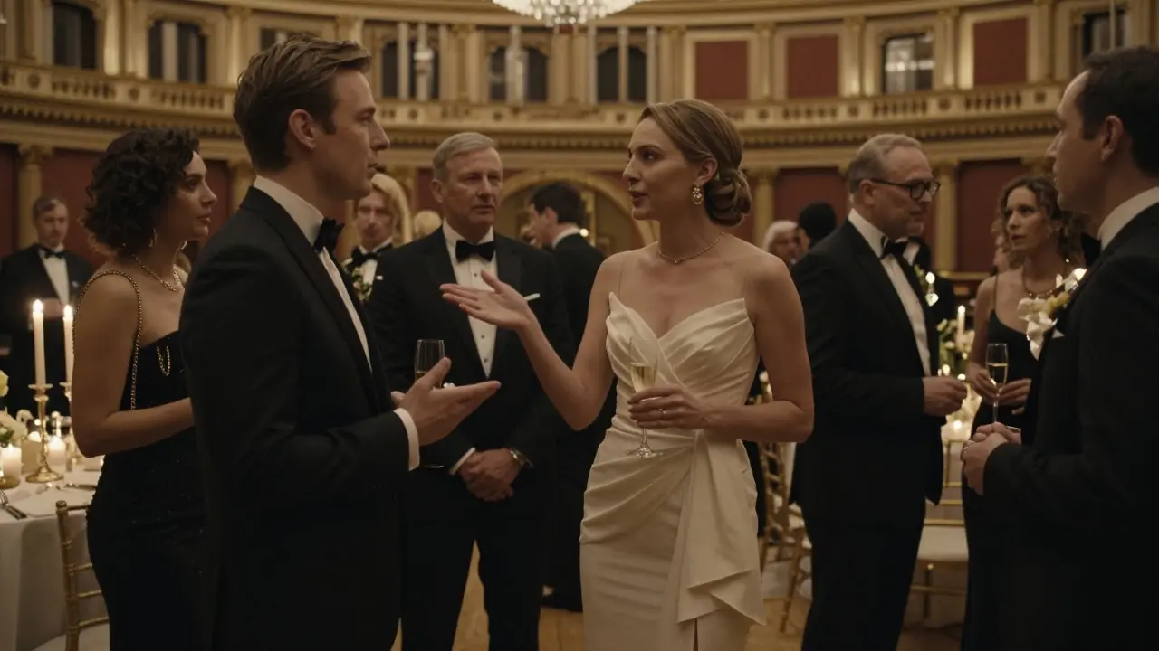 A luxury escort engaging effortlessly with diplomats and artists at a grand gala, radiating cultural sophistication.