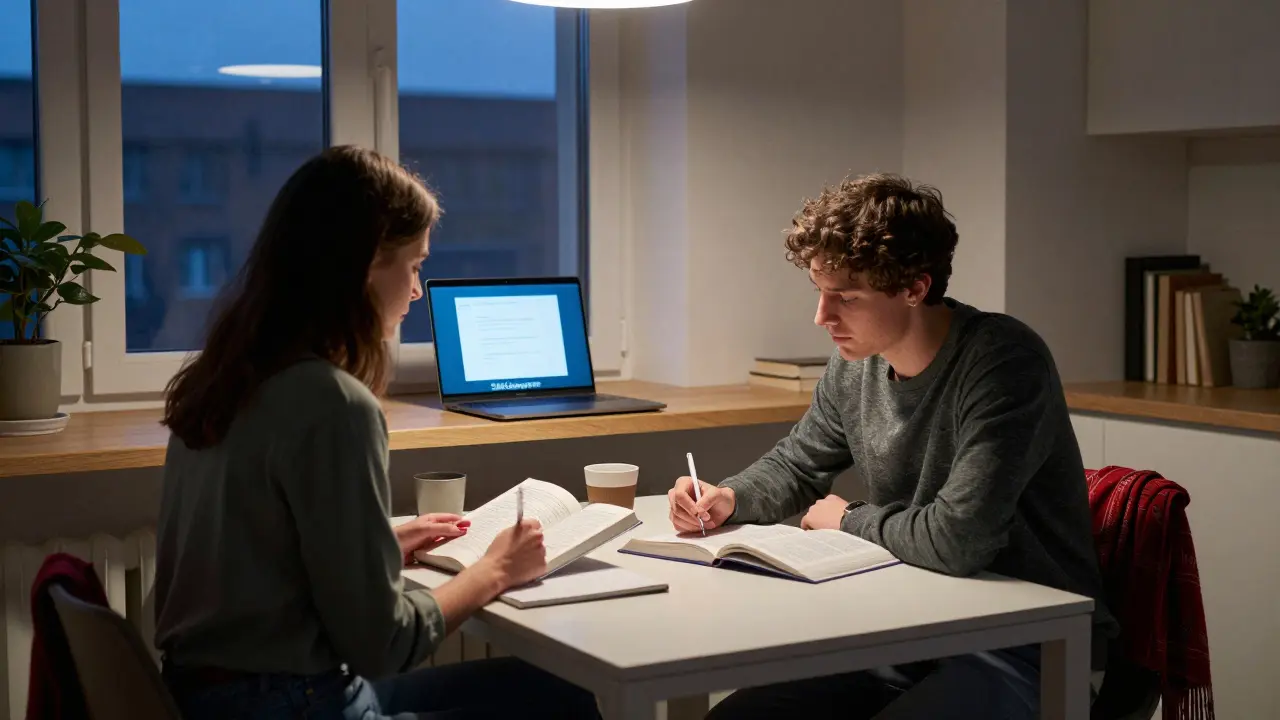 A modern Berlin apartment where a woman and student study together, symbolizing companionship and emotional support.