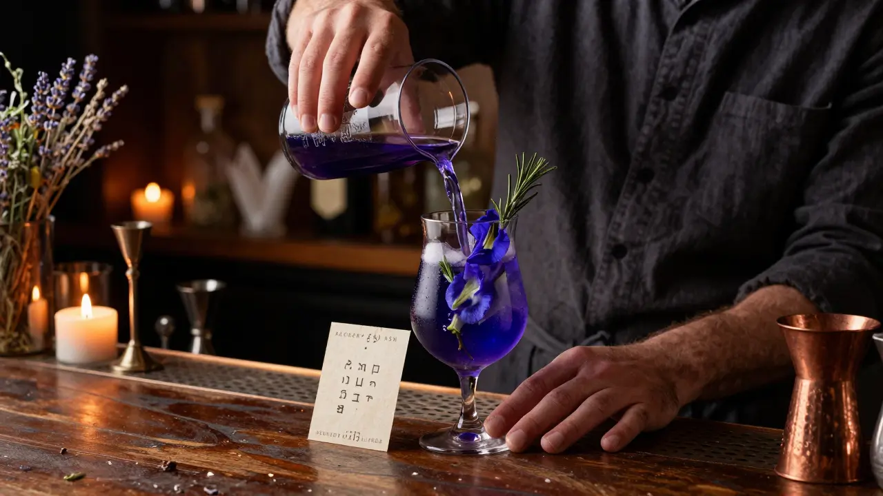 A mystical cocktail with botanicals being poured in a dimly lit bar, accompanied by a symbolic parchment card.