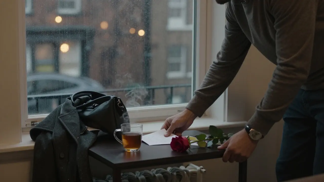 A note and rose rest on a table beside an empty coat in a softly lit London apartment.
