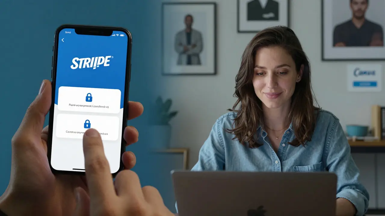 A person reviewing encrypted payments on phone while video-calling a client, with social media tools visible.