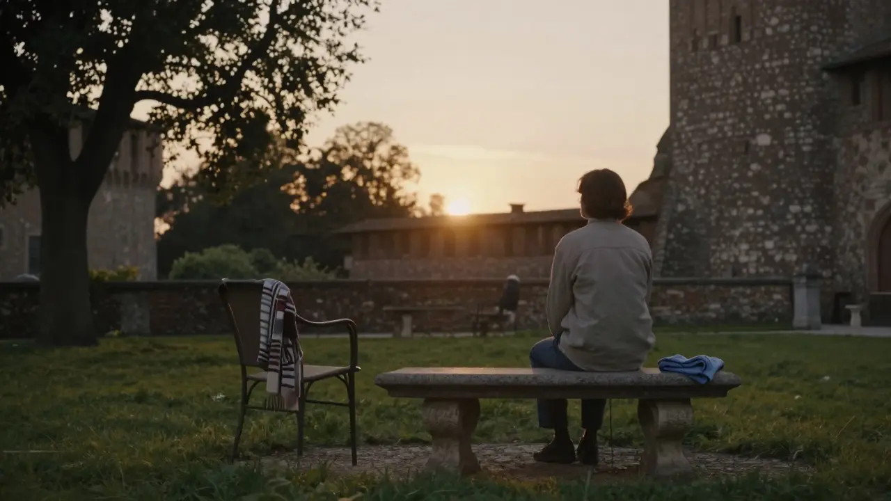 A person sitting alone on a garden bench at sunset, with an empty chair nearby.
