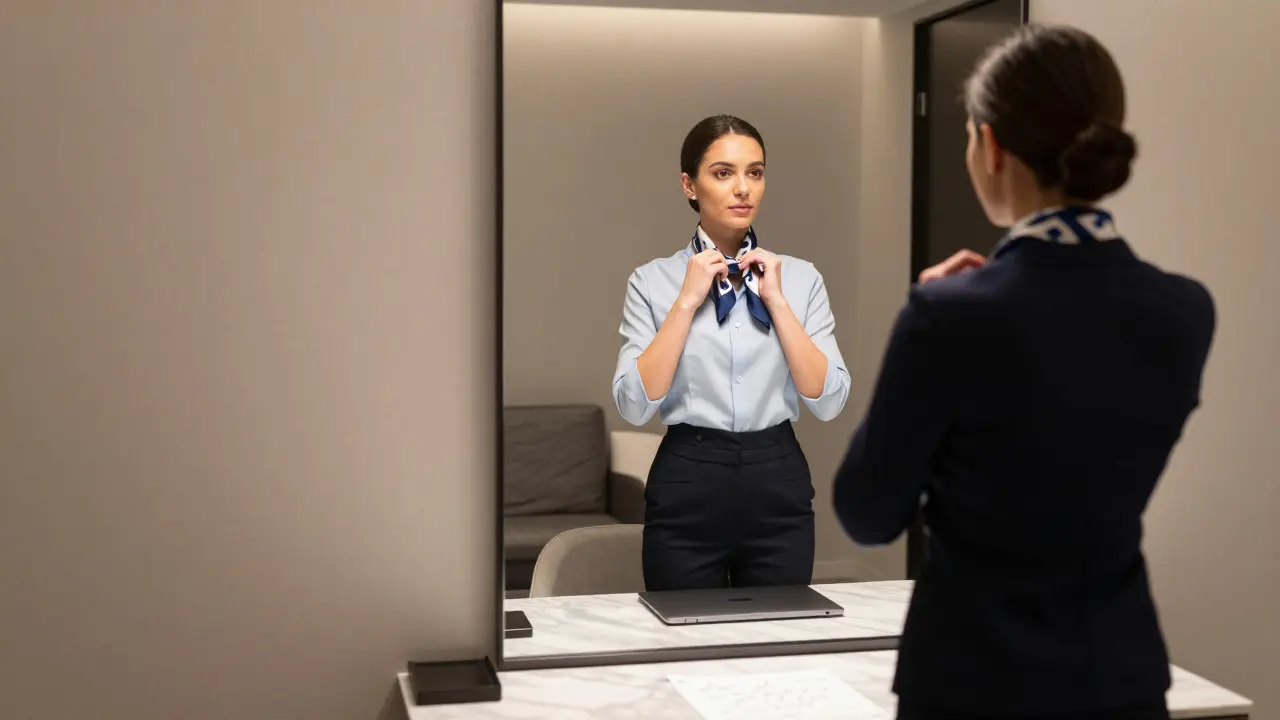 A professional escort in a luxury hotel suite, calmly adjusting her scarf before an evening engagement.