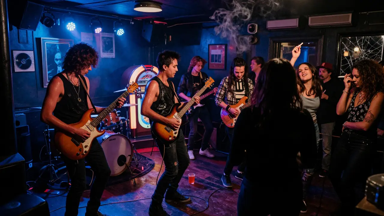A punk band performing in a dimly lit dive bar with a crowd dancing freely under neon lights.
