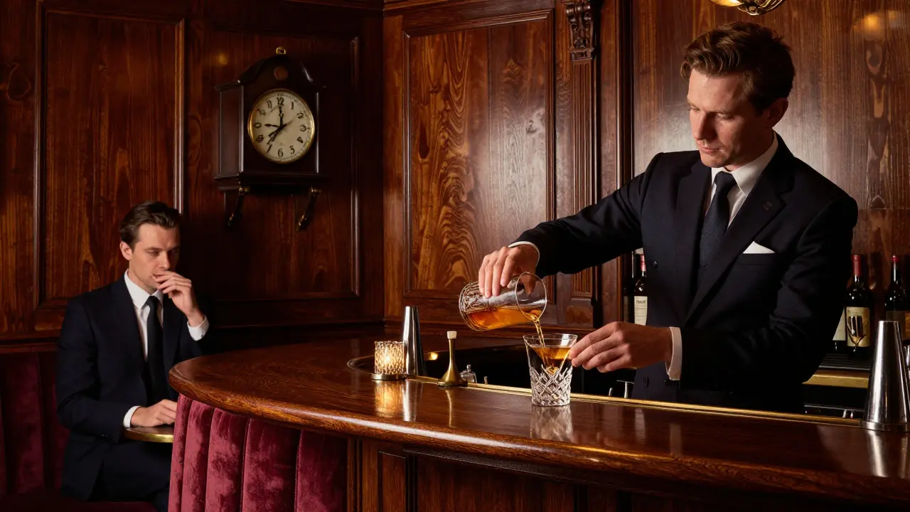 A quiet bar in Mayfair with a bartender pouring a martini in a dim, elegant setting.
