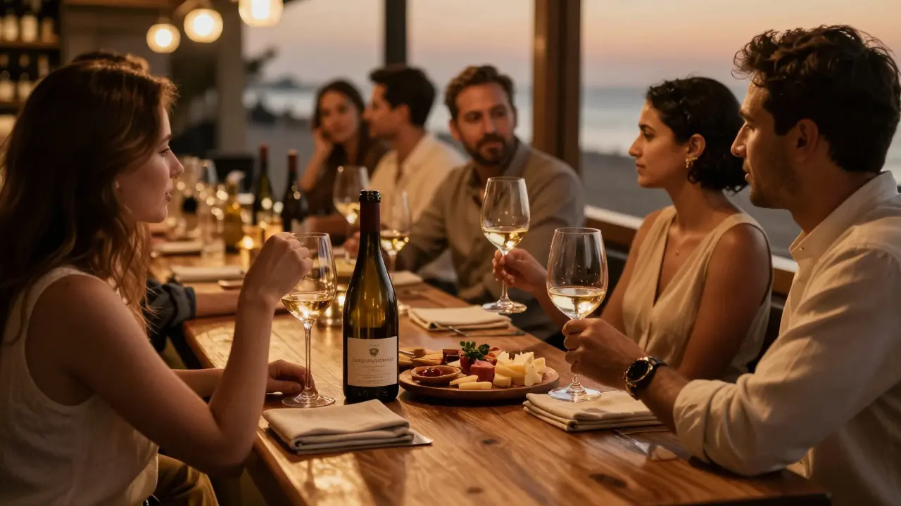 A quiet French-style wine bar in Dubai with patrons sipping wine under soft golden lighting.