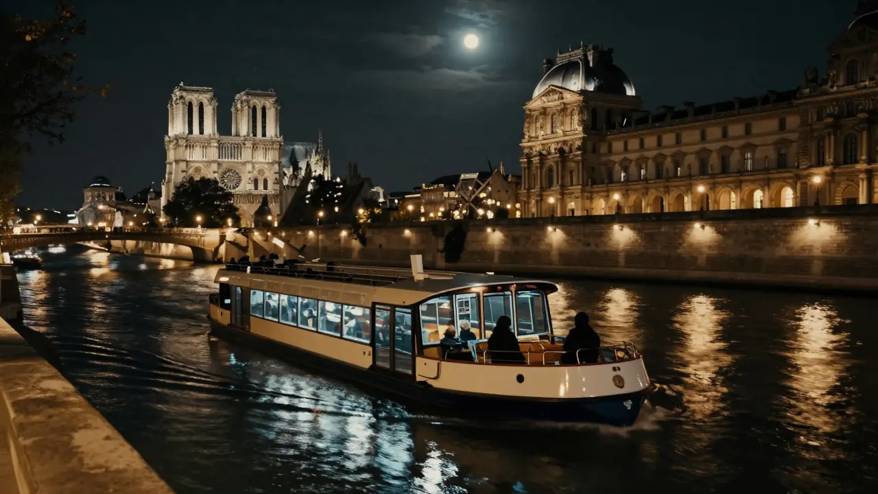 A quiet midnight river ferry glides past Paris landmarks, reflecting their glowing lights on the dark water.