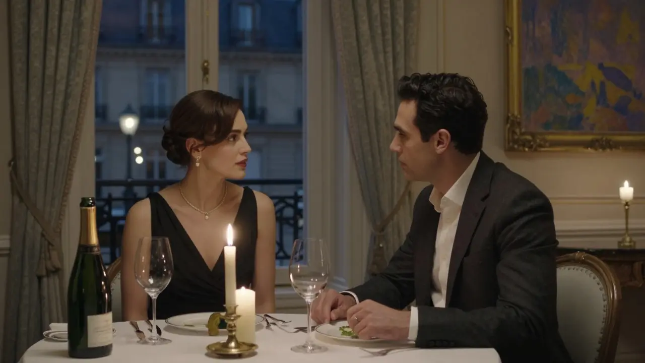 A refined couple sharing dinner by candlelight in a luxury Paris hotel, surrounded by art and elegance.