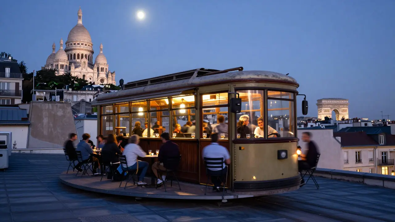 A rotating rooftop bar in Paris offering a 360-degree view of the city at night.