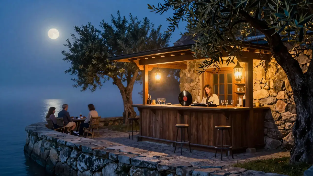 A secluded island terrace at night with lanterns, olive trees, and guests drinking wine under the stars.