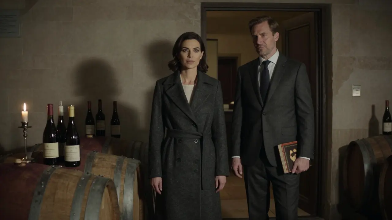 A sophisticated couple at the entrance of a historic wine cellar, candlelit and private.