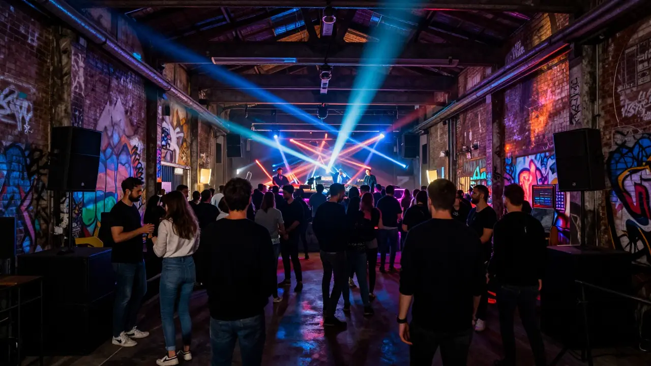 A vibrant underground club scene at Lupo 7 with dancers under neon lights in an industrial warehouse.