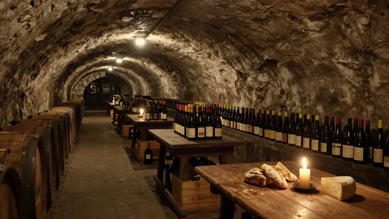 A wine tasting in a silent, abandoned metro tunnel with wooden crates and a single candle.