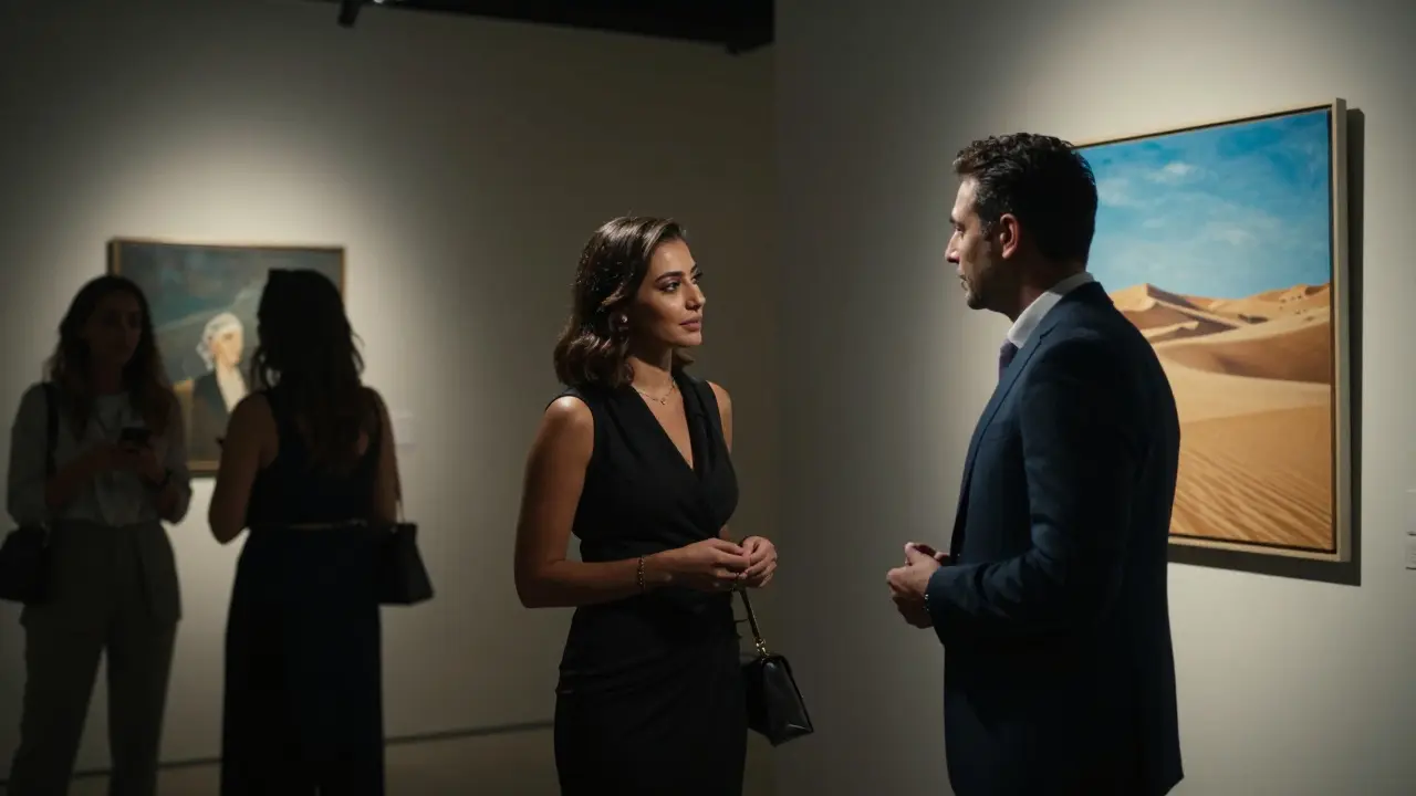 A woman and man conversing at an art gallery opening in Abu Dhabi, no physical contact, elegant attire.