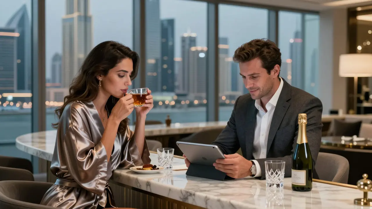 A woman and man in a high-end hotel lounge, seated apart, no signs of intimacy, city lights in background.