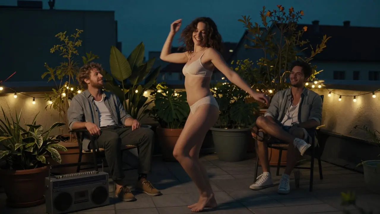 A woman dances barefoot on a Berlin rooftop at night, softly lit by fairy lights, while a man watches with quiet respect.
