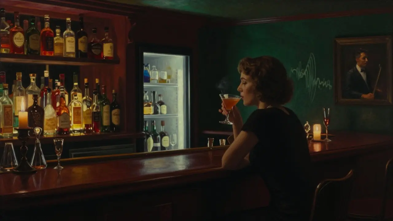 A woman sipping a cocktail in a dim, candlelit speakeasy bar hidden behind a fridge door.