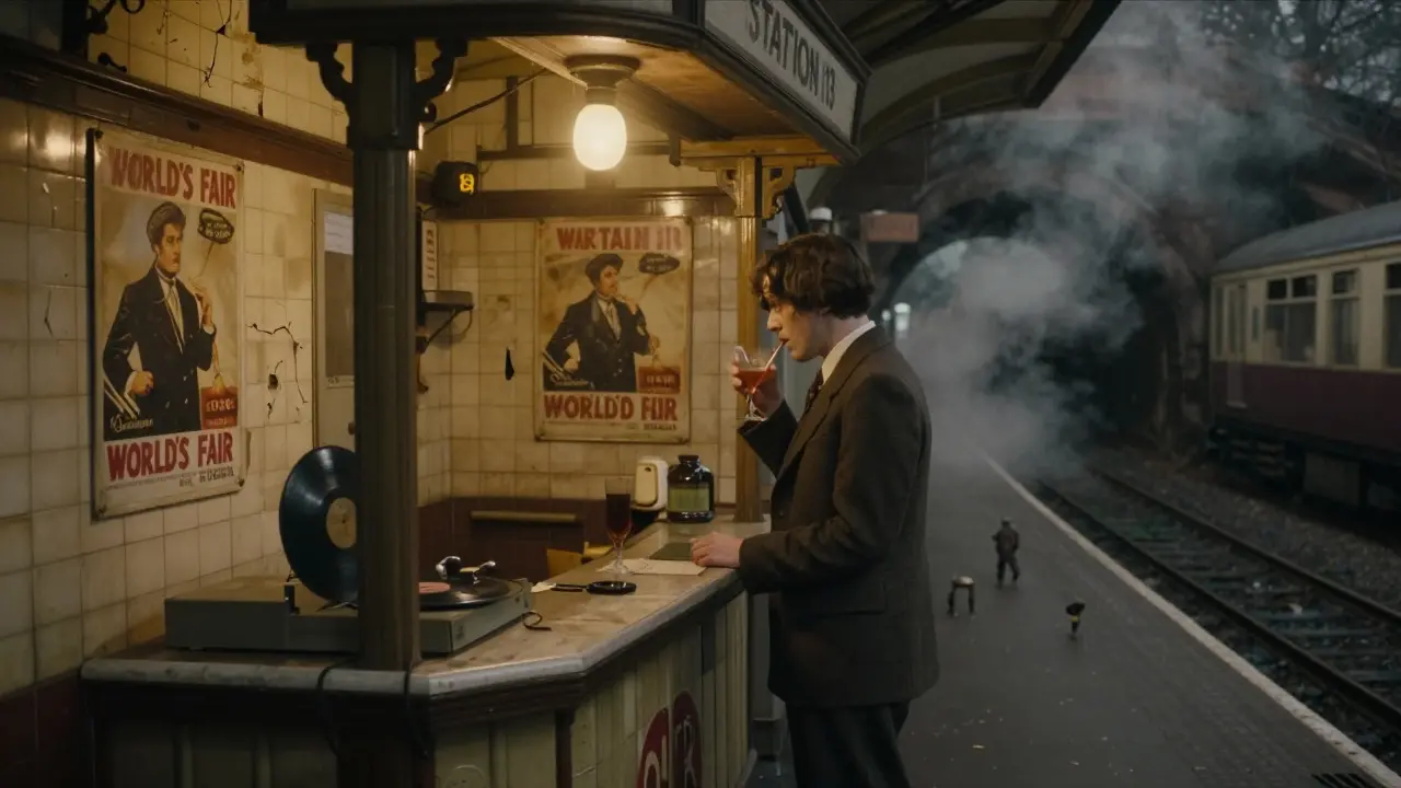 An abandoned London Tube station turned into a 1920s-style bar, with faded posters and a single figure drinking by a spinning vinyl record.