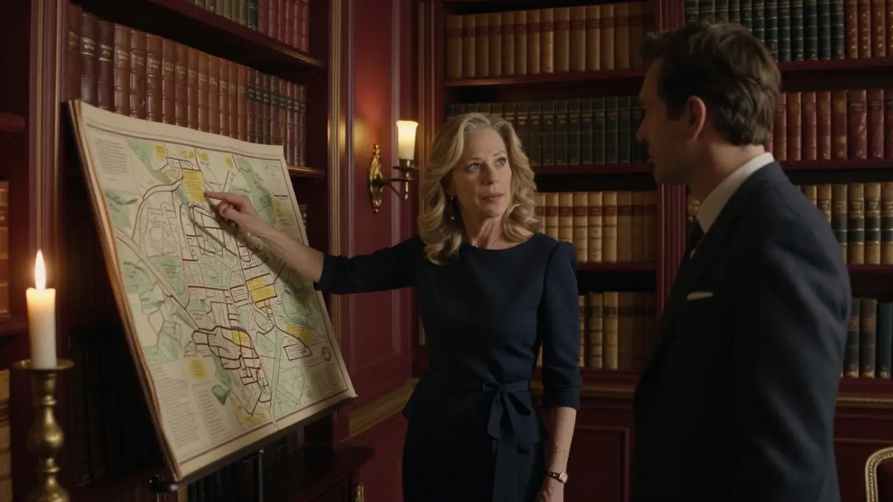 An art historian shows a client hidden passages of Notre-Dame using an ancient map in a candlelit library.