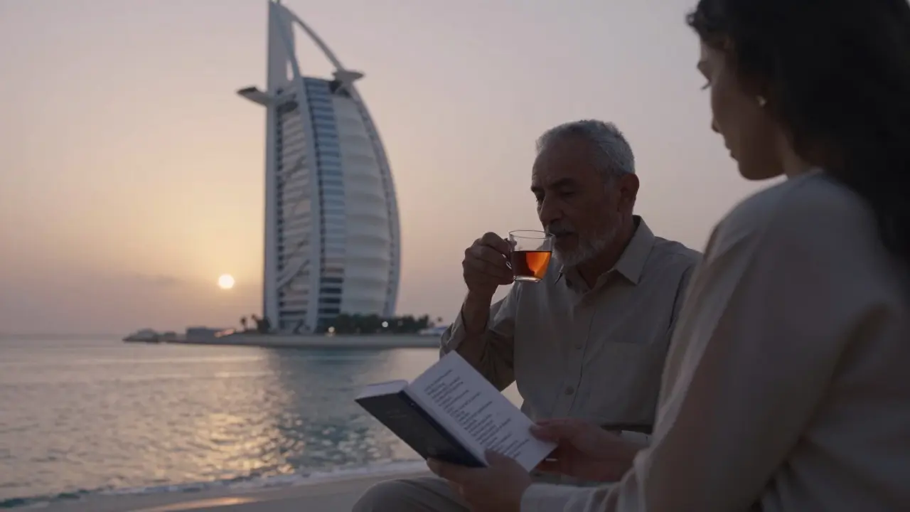 An elderly man on Burj Al Arab balcony sipping tea as a companion places a book beside him at sunset.