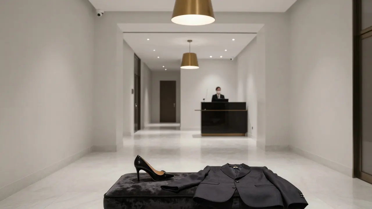 An empty luxury hotel hallway at night in Abu Dhabi, with security camera and hotel staff in distance, suggesting safe, discreet encounters.