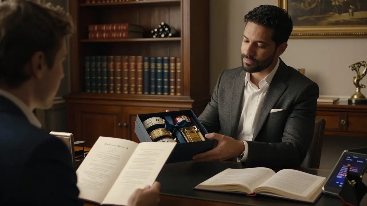 An escort presenting a curated gift box in a luxurious Mayfair study, with literature and a menu nearby.