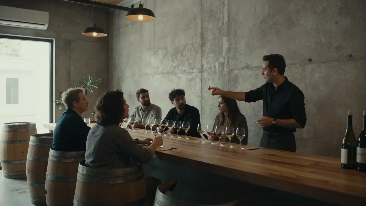 An industrial wine tasting room in Dubai with five guests sampling wine flights under natural light.