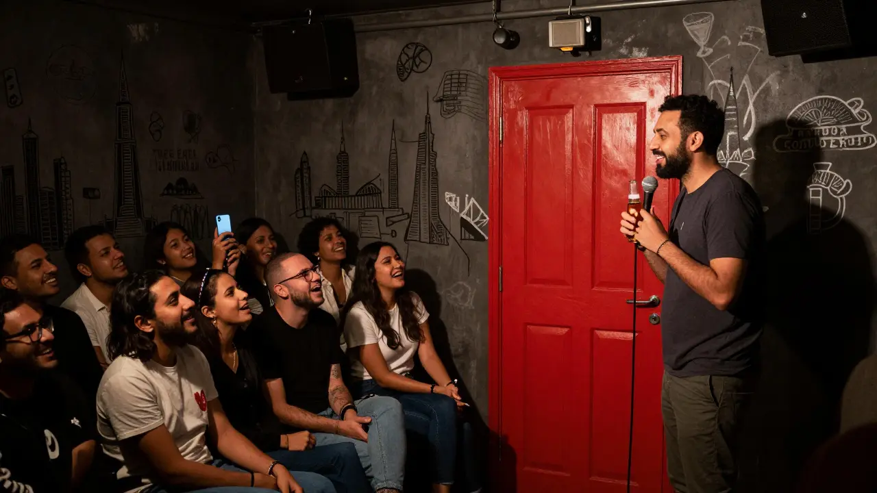 An underground comedy spot with a lone performer and small audience, dim lighting, red door in background.