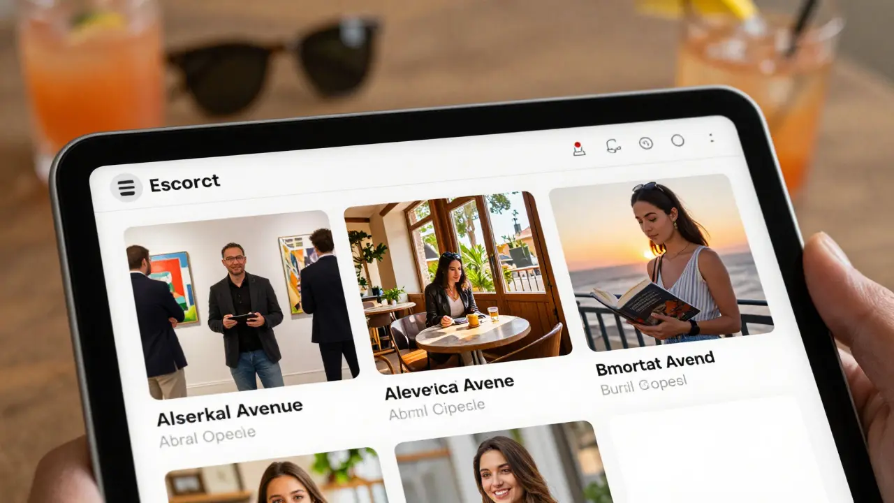Authentic photos of a companion displayed on a tablet, showing varied real-life settings like an art gallery and café, contrasting with fake stock images.