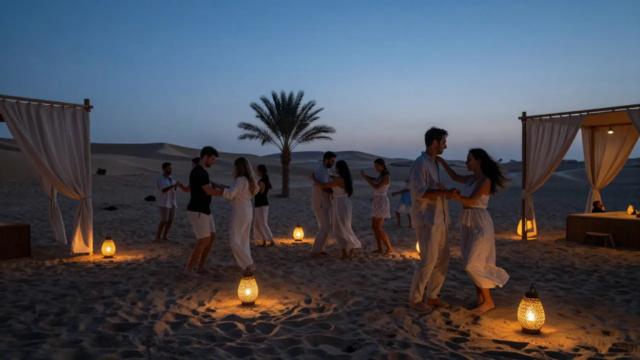 Beachside lounge at sunset with lanterns, soft music, and guests dancing gently on the sand.
