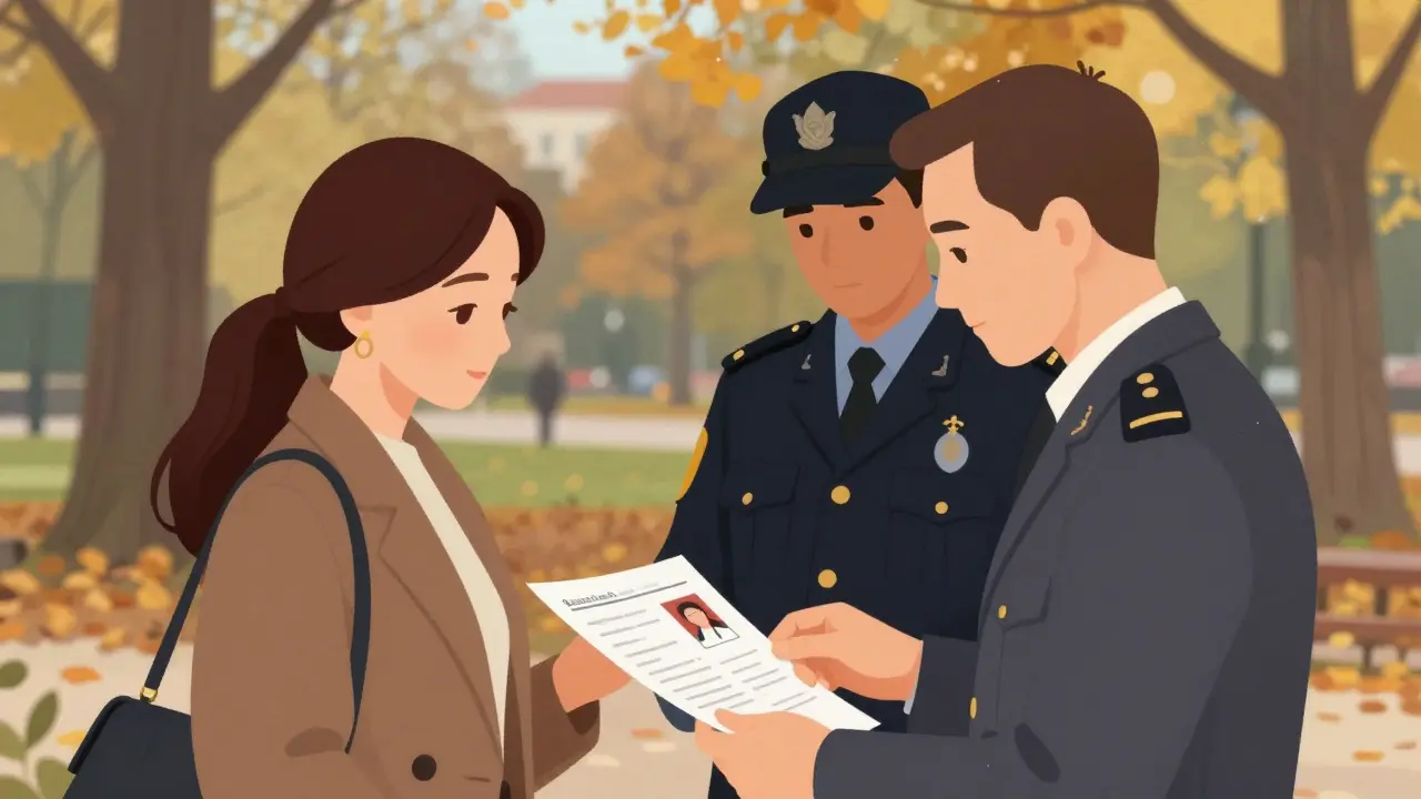 Client and escort in Berlin park reviewing blurred ID document with autumn trees.