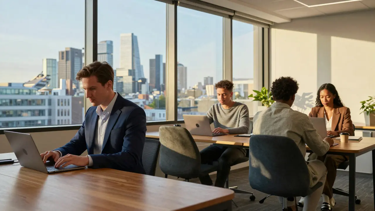 Diverse professionals collaborating in co-working space