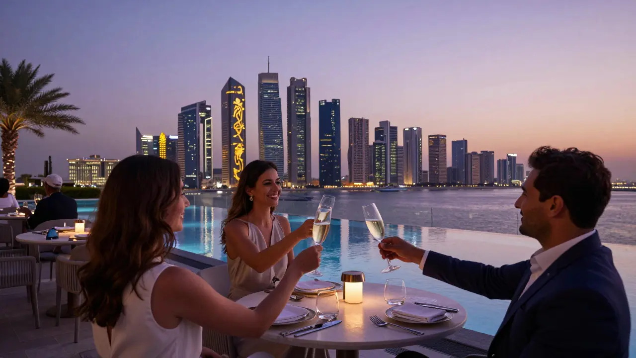 Elegant couple toasting champagne on a luxury rooftop terrace with Abu Dhabi’s skyline glowing at sunset.