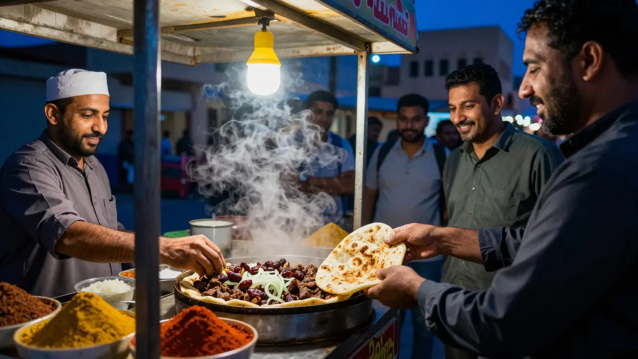 Fatima’s food cart on Al Dhafeer Street at midnight, making traditional khameer bread with spiced beef under a yellow bulb.